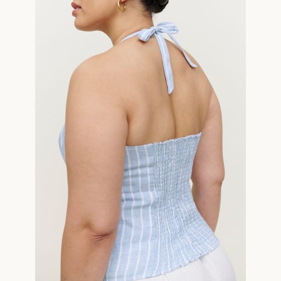 NWT Reformation Jenna Linen Striped Smocked Back Halter Top Blue White Size 12 - Picture 2 of 11